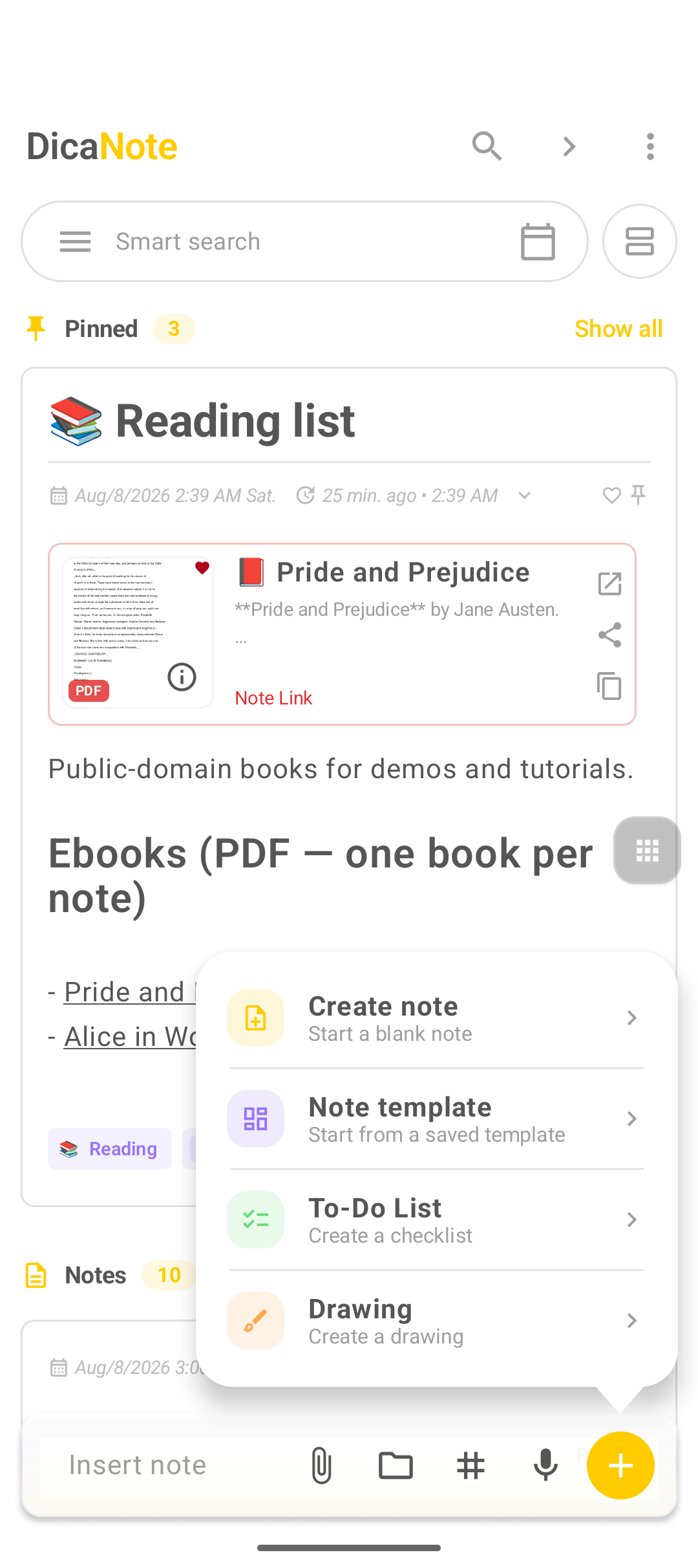 Menu + do DicaNote com a opção To-Do List